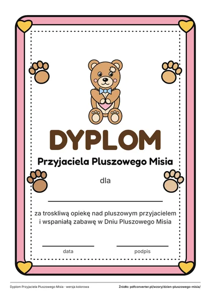 Dyplom Przyjaciela Pluszowego Misia do druku i medale dla dzieci