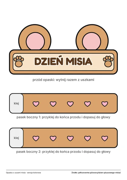 Opaska z uszami misia i maska misia do wycięcia, do druku w PDF