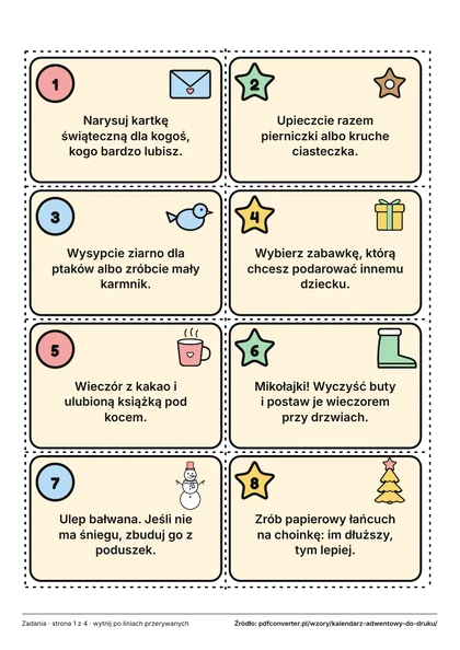 Zadania do kalendarza adwentowego dla dzieci: 24 karteczki z obrazkami do wycięcia
