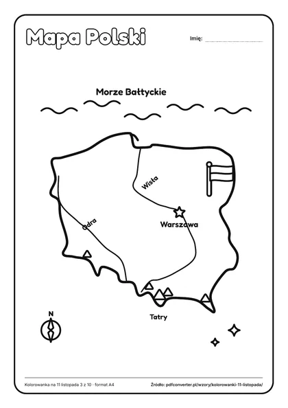 Kolorowanka mapa Polski z Wisłą, Odrą i Warszawą