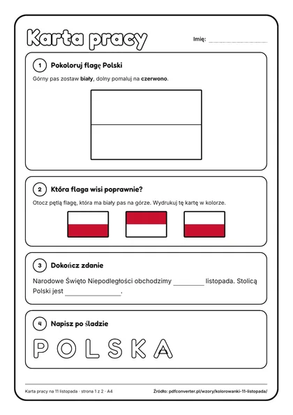 Karta pracy na 11 listopada dla dzieci