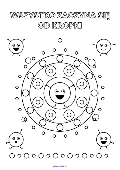 Kolorowanka na Dzień Kropki A4: mandala z kropek i kropkowe postacie