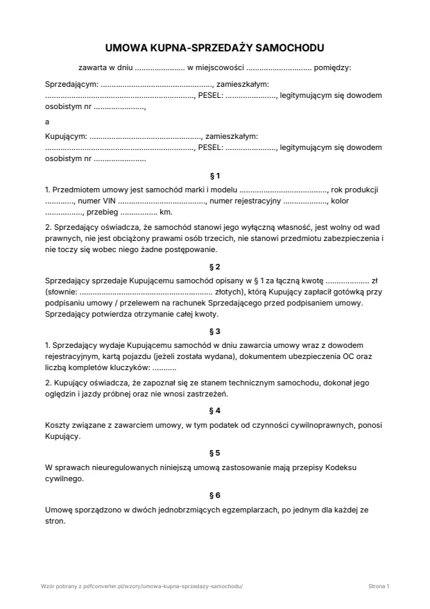 Podgląd: Umowa kupna-sprzedaży samochodu