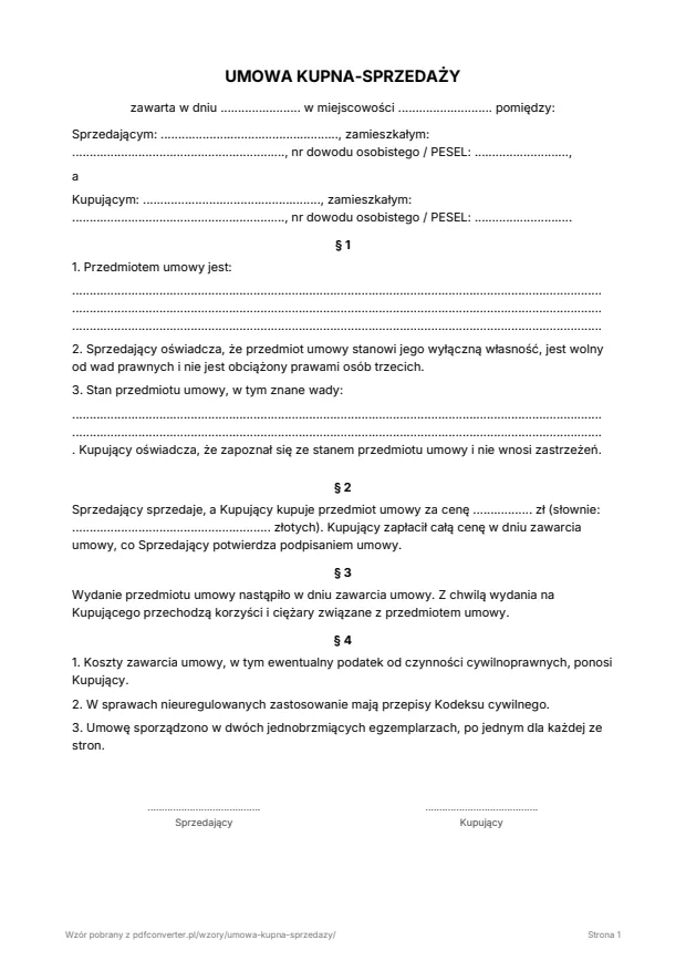 Podgląd: Umowa kupna-sprzedaży
