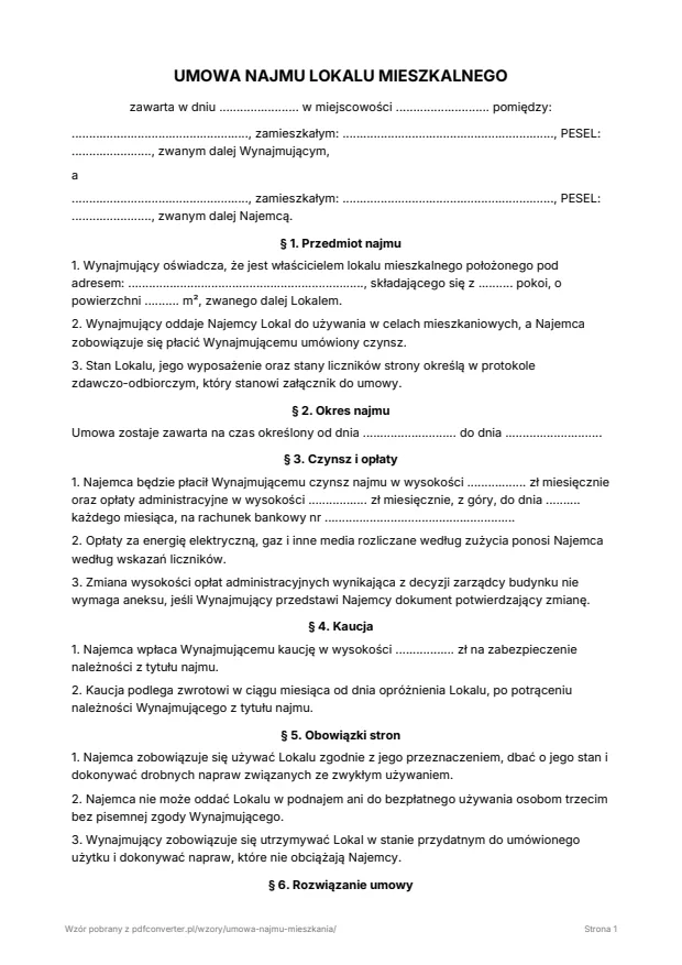 Podgląd: Umowa najmu mieszkania