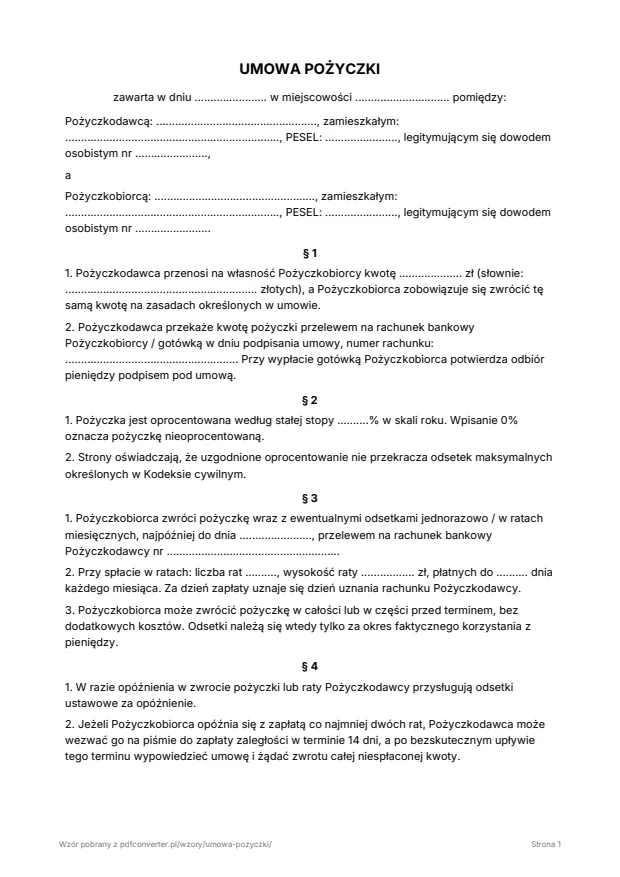 Podgląd: Umowa pożyczki